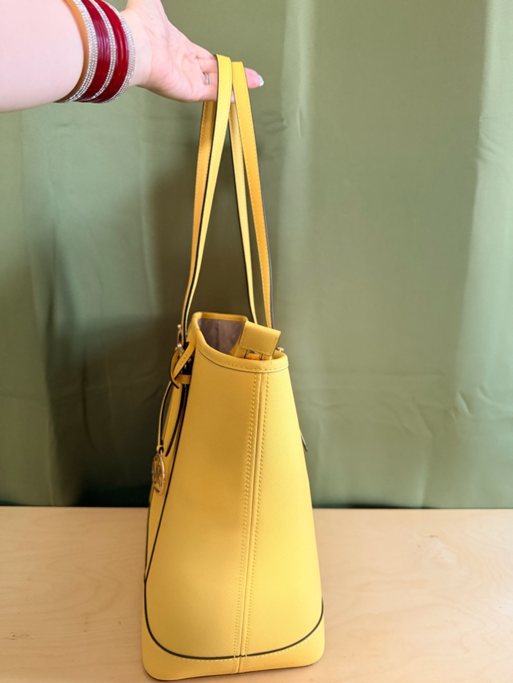 Stylish Michael Kors Lemon Yellow Saffiano Tote with Logo Charm - Picture 3 of 7